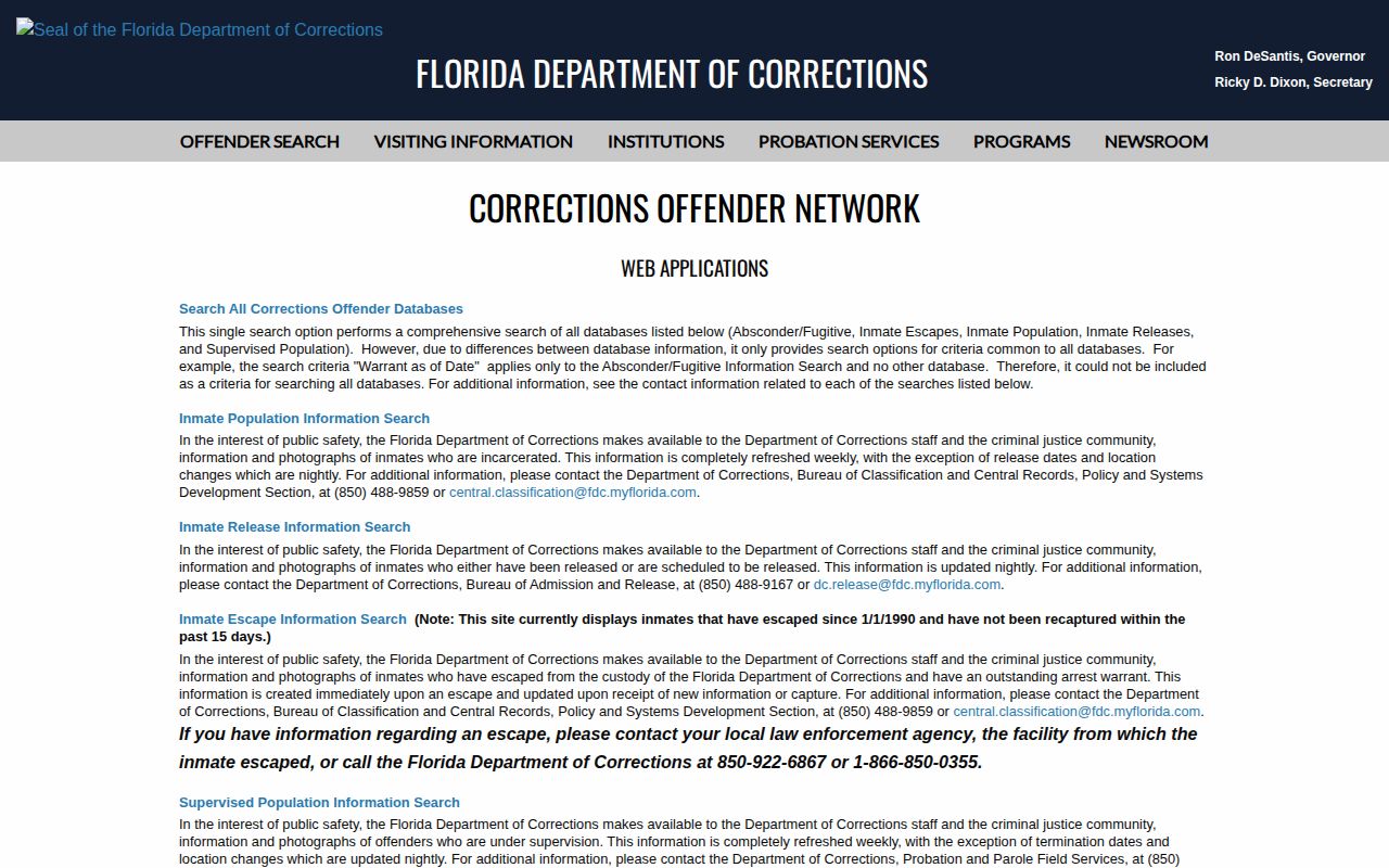 Florida corrections offender photo and Jackson County record search